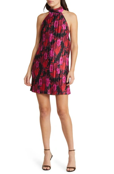 Shop Charles Henry Floral Pleated Halter Neck Minidress In Red Roses