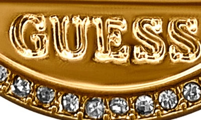 Guess Crystal Stone Logo Hoop Earrings In Gold Tone