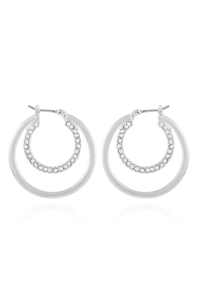 Shop T Tahari Crystal Double Hoop Earrings In Silvertone