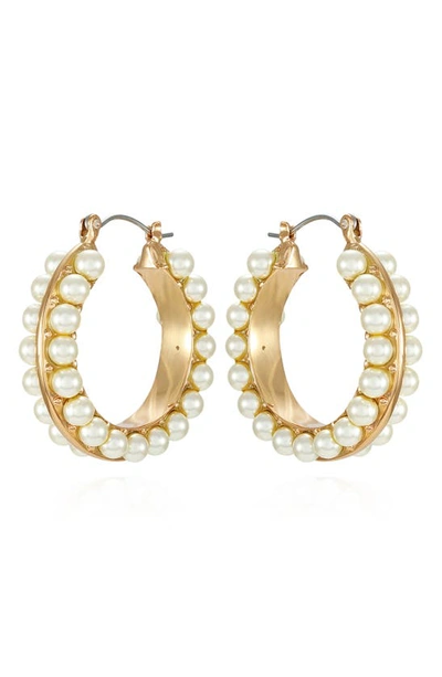 Shop T Tahari Imitation Pearl Hoop Earrings In Goldtone