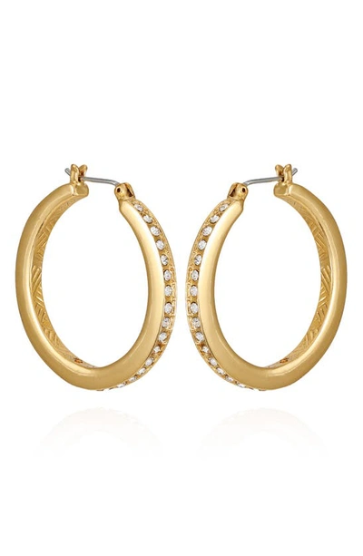 Shop T Tahari Crystal Textured Hoop Earrings In Goldtone