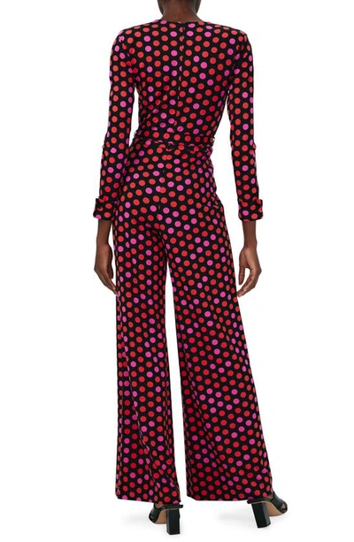 Shop Diane Von Furstenberg Rose Marie Print Tie Waist Long Sleeve Jumpsuit In Magic Dot Berry Red