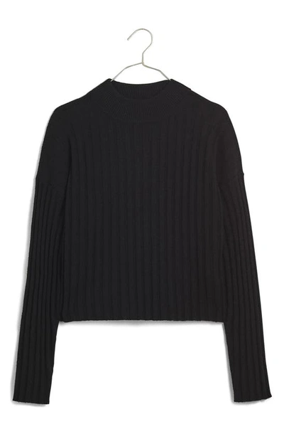 Shop Madewell Levi Rib Mock Neck Wool Blend Crop Pullover Sweater In True Black