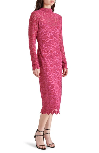 Shop Steve Madden Vivienne Velvet Lace Long Sleeve Midi Dress In Fuchsia