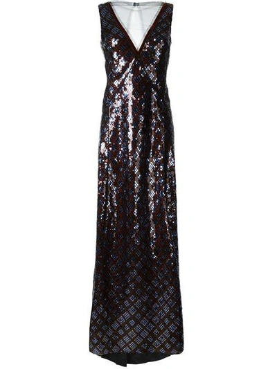 plaid sequined sleeveless gown