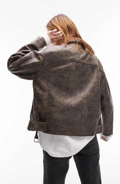 Shop Topshop Oversize Faux Leather Biker Jacket In Brown
