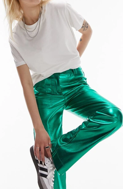 Shop Topshop Metallic Straight Leg Pants In Mid Green