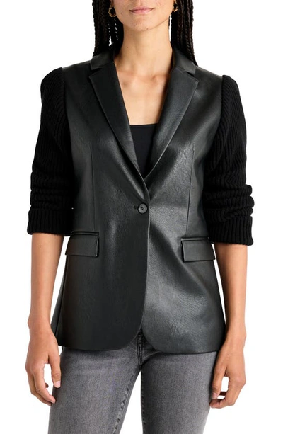 Shop Splendid Adina Faux Leather & Rib Sleeve Blazer In Black