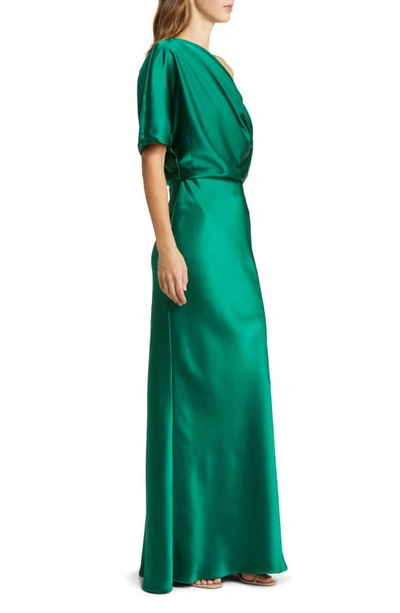 Shop Amsale One-shoulder Fluid Satin Gown In Emerald