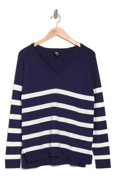 Shop Bobeau Stripe V-neck Pullover Sweater In Navy/ Ivory