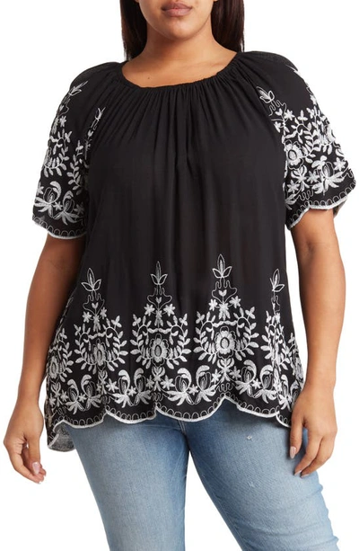 Shop Forgotten Grace Embroidered Trim Peasant Tunic Top In Black/white