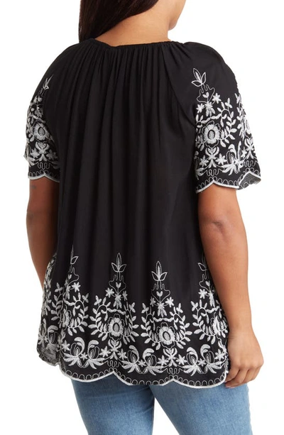 Forgotten Grace Embroidered Trim Peasant Tunic Top In Black/white