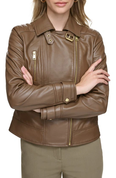 Shop Andrew Marc Salla Leather Moto Jacket In Walnut