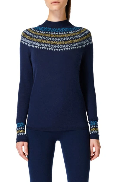 Shop Sweaty Betty Fair Isle Mock Neck Merino Wool Sweater In Navy Blue