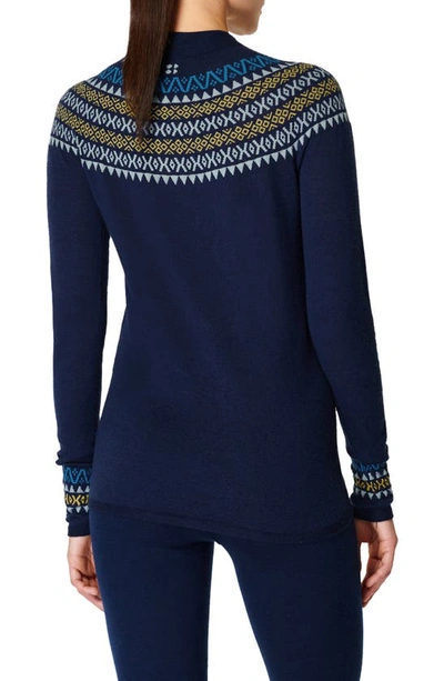 Shop Sweaty Betty Fair Isle Mock Neck Merino Wool Sweater In Navy Blue