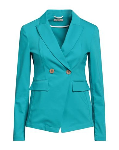 Shop Camicettasnob Woman Blazer Turquoise Size 10 Cotton, Polyester, Elastane In Blue