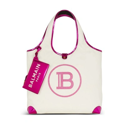 Shop Balmain Mirror-effect Leather And Canvas Grocery Bag In Pink