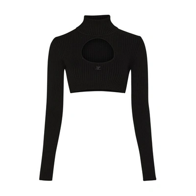 Shop Courrèges Rib Knit Cropped Mockneck Sweater In Black