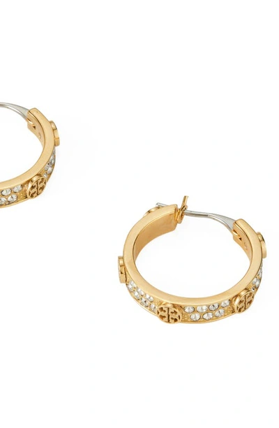 Shop Tory Burch Small Miller Crystal Hoop Earrings In Tory Gold / Crystal