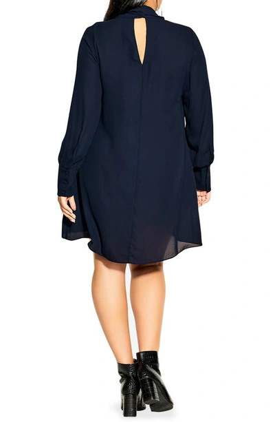 City Chic Tie Neck Long Sleeve Minidress In Navy