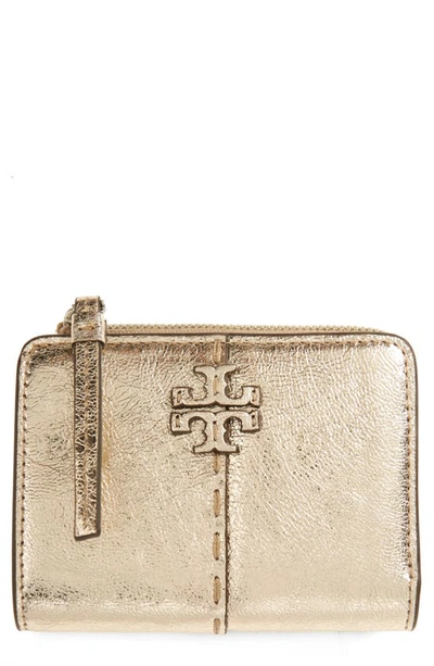 Shop Tory Burch Mcgraw Metallic Leather Bifold Wallet In Gold