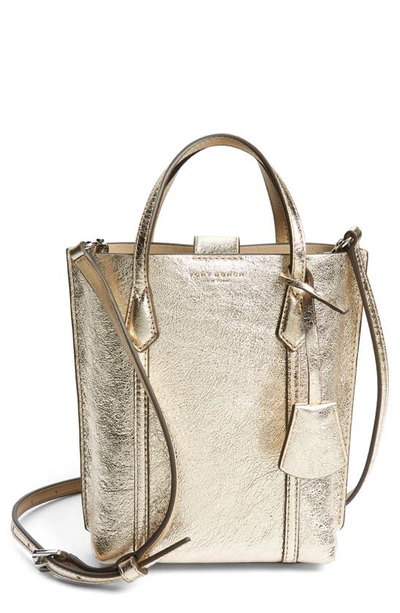 Shop Tory Burch Mini Perry Medallic Leather Tote In White Gold