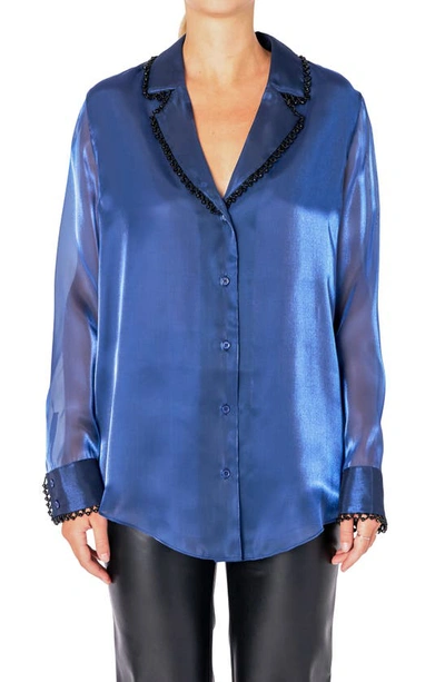 Shop Endless Rose Beaded Organza Sleeve Shirt In Navy