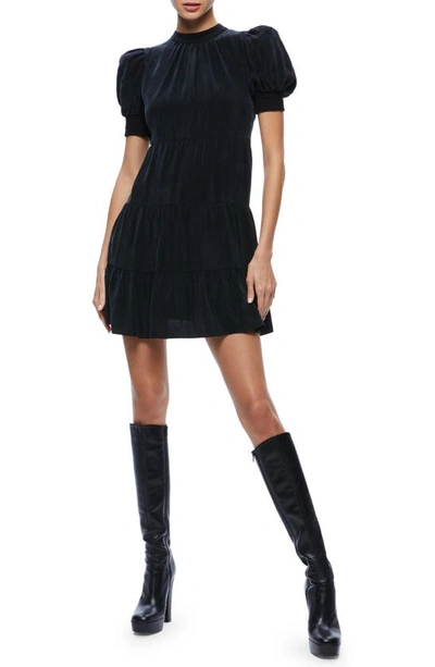 Shop Alice And Olivia Dorine Puff Sleeve Tiered Minidress In Black