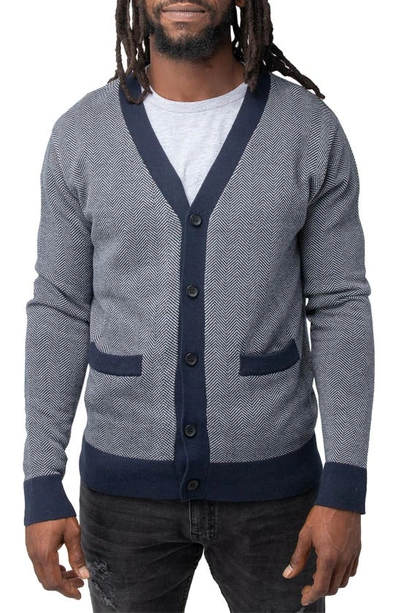 Shop X-ray Herringbone V-neck Button Front Cardigan In White/ Navy