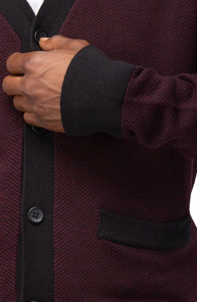 Shop X-ray Herringbone V-neck Button Front Cardigan In Oxblood/ Black