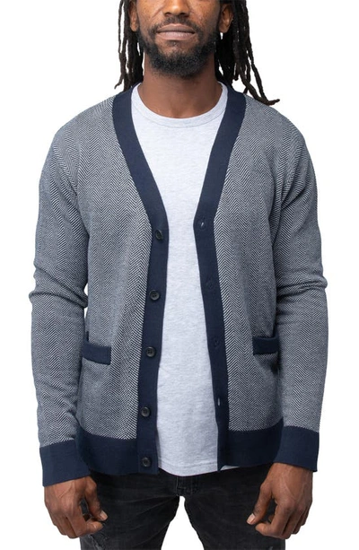 Shop X-ray Herringbone V-neck Button Front Cardigan In White/ Navy
