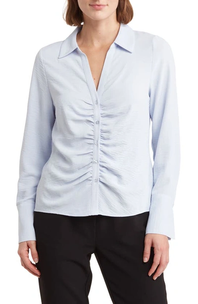 Shop Laundry By Shelli Segal Ruched Long Sleeve Button Front Top In Light Blue