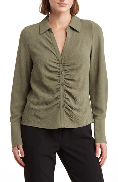 Shop Laundry By Shelli Segal Ruched Long Sleeve Button Front Top In Light Olive