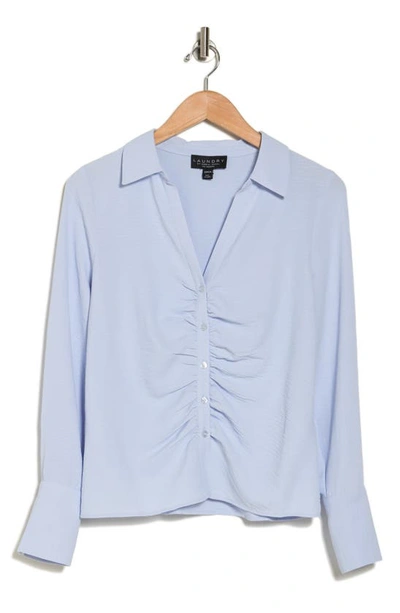Shop Laundry By Shelli Segal Ruched Long Sleeve Button Front Top In Light Blue