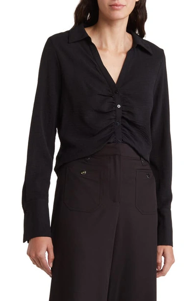 Shop Laundry By Shelli Segal Ruched Long Sleeve Button Front Top In Black