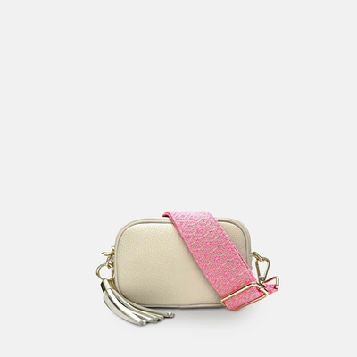 Shop Apatchy London The Mini Tassel Stone Leather Phone Bag With Neon Pink Cross-stitch Strap In White