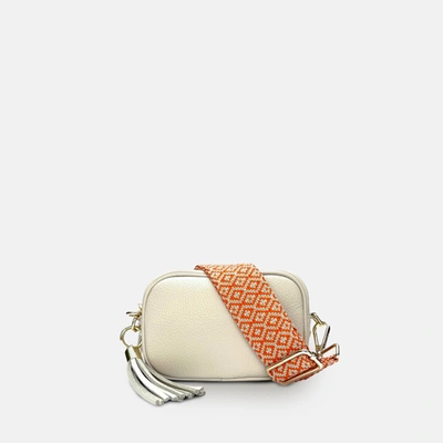 Shop Apatchy London The Mini Tassel Stone Leather Phone Bag With Orange Cross-stitch Strap In White