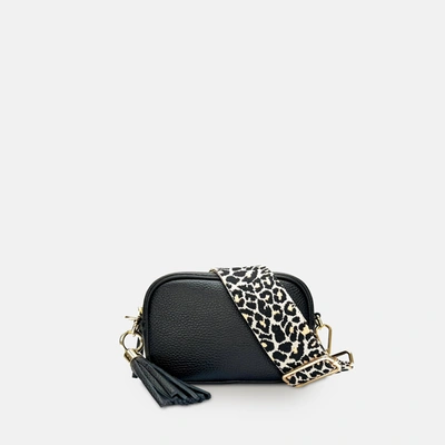 Shop Apatchy London The Mini Tassel Black Leather Phone Bag With Apricot Cheetah Strap