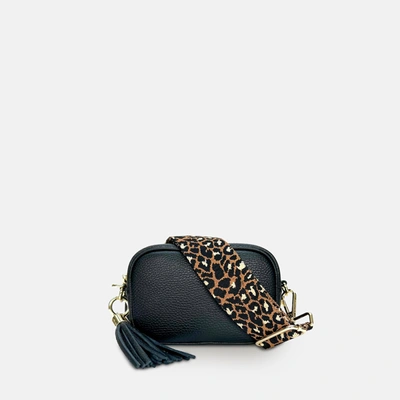 Shop Apatchy London The Mini Tassel Black Leather Phone Bag With Tan Cheetah Strap