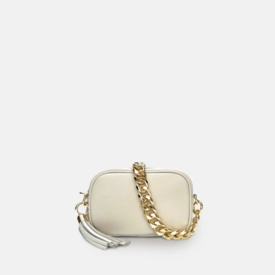 Shop Apatchy London The Mini Tassel Stone Leather Phone Bag With Gold Chain Strap In White