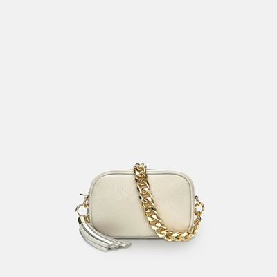 Apatchy London The Mini Tassel Stone Leather Phone Bag With Gold Chain Strap In White