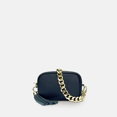 Shop Apatchy London The Mini Tassel Navy Leather Phone Bag With Gold Chain Strap In Blue