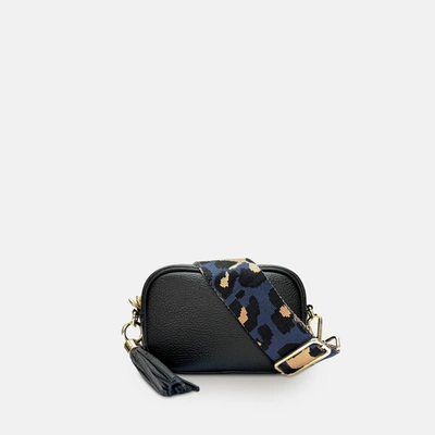 Shop Apatchy London The Mini Tassel Black Leather Phone Bag With Navy Leopard Strap