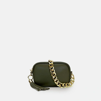 Shop Apatchy London The Mini Tassel Olive Green Leather Phone Bag With Gold Chain Strap