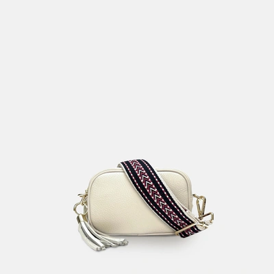 Shop Apatchy London The Mini Tassel Stone Leather Phone Bag With Navy Boho Strap In White