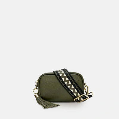 Shop Apatchy London The Mini Tassel Olive Green Leather Phone Bag With Olive Green Zigzag Strap