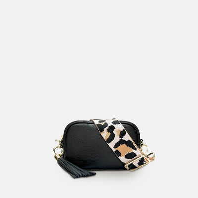 Shop Apatchy London The Mini Tassel Black Leather Phone Bag With Pale Pink Leopard Strap
