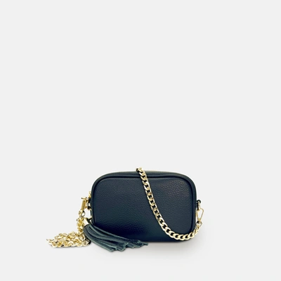 Shop Apatchy London The Mini Tassel Black Leather Phone Bag With Gold Chain Crossbody Strap