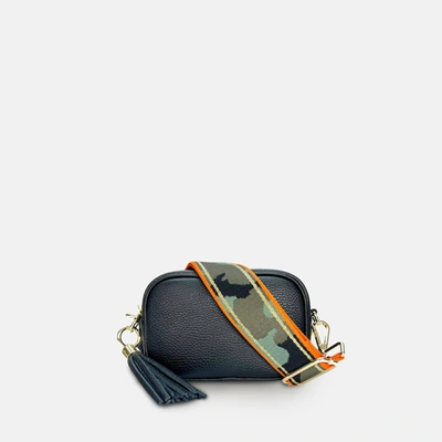 Shop Apatchy London The Mini Tassel Black Leather Phone Bag With Orange & Gold Stripe Camo Strap