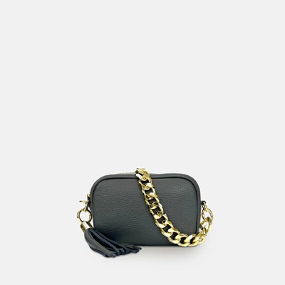 Shop Apatchy London The Mini Tassel Dark Grey Leather Phone Bag With Gold Chain Strap